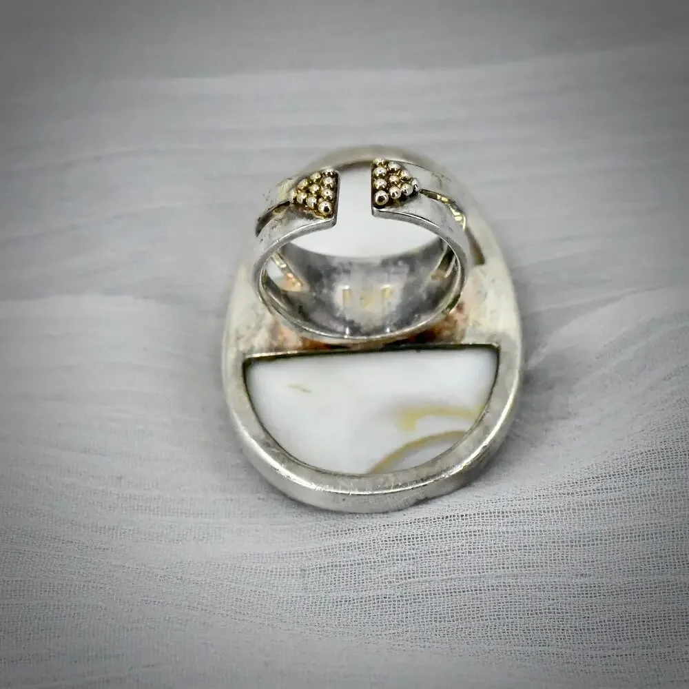 Colleen Lopez 925 Silver Carved Mother of Pearl Goddess Ring Gold Tone Size 6.75